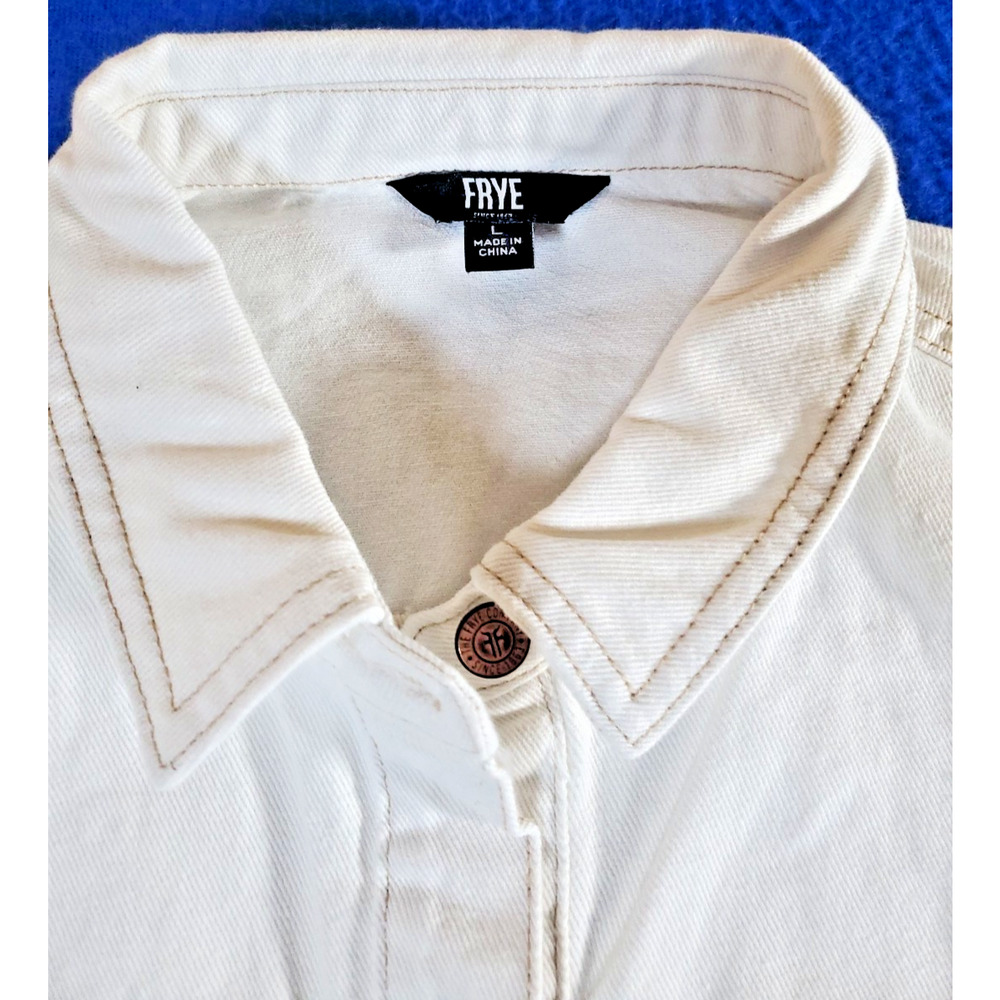 Frye Shirt Dress Women's Large White Denim Long Sleeve ButtonFront Tunic Pockets - Picture 3 of 16